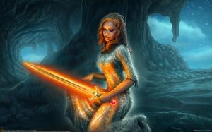 Holding a orange lightsaber fantasy girl wallpaper thumb