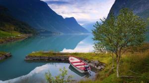 Norway, beautiful nature scenery, lake, mountains, clouds, boat, trees wallpaper thumb