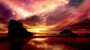 Sunset Beach Silhouette Clouds Stars Sunlight Shadow HD wallpaper thumb
