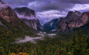 Yosemite National Park, USA, trees, mountains, clouds, haze, dusk wallpaper thumb