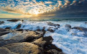 Rocks, sea waves, sun, sky, clouds, sunset wallpaper thumb
