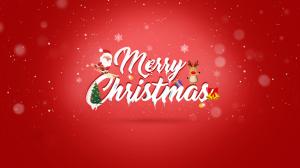 happy, festive, christmas, red background, snowflake, santa, christmas tree wallpaper thumb