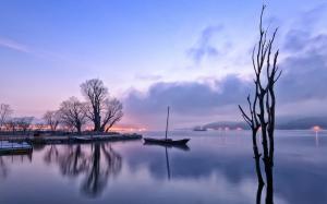 Early morning, dawn, lights, lake, reflection, boat, trees, fog wallpaper thumb