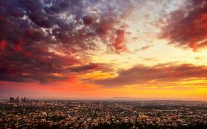Los Angeles Buildings Skyscrapers Clouds Sunset HD wallpaper thumb