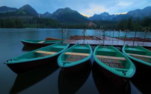 Mountains, forest, calm lake, boat, pier, morning wallpaper thumb