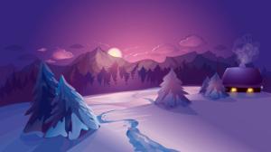 nature, digital art, mountains, clouds, winter, house, snow, sunset wallpaper thumb