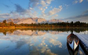 Lake, mountain, forest, marina, boat, water reflection wallpaper thumb