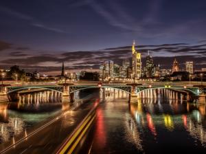 Frankfurt, Germany, river, illumination, bridge, skyscrapers, night wallpaper thumb