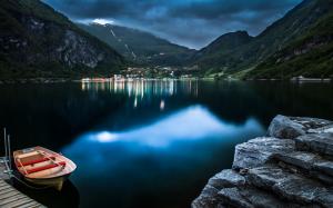 Geiranger, Norway, lake, boat, mountain, house, dusk wallpaper thumb