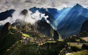 Travel to Peru, Machu Picchu, mountains, fog, morning, sun rays wallpaper thumb