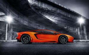 Lamborghini orange supercar, bridge, night, lights wallpaper thumb