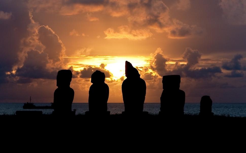 Sunset Clouds Silhouette Statues Easter Island HD wallpaper,nature wallpaper,clouds wallpaper,sunset wallpaper,island wallpaper,silhouette wallpaper,easter wallpaper,statues wallpaper,1280x800 wallpaper