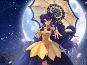 Anime girl, umbrella, night, moon wallpaper thumb