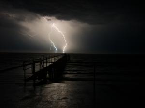 Storm Lightning Dark Clouds Water Ocean Pier Dock Black HD wallpaper thumb