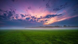 Germany, fields, trees, grass, mist, sunset, sky, clouds wallpaper thumb