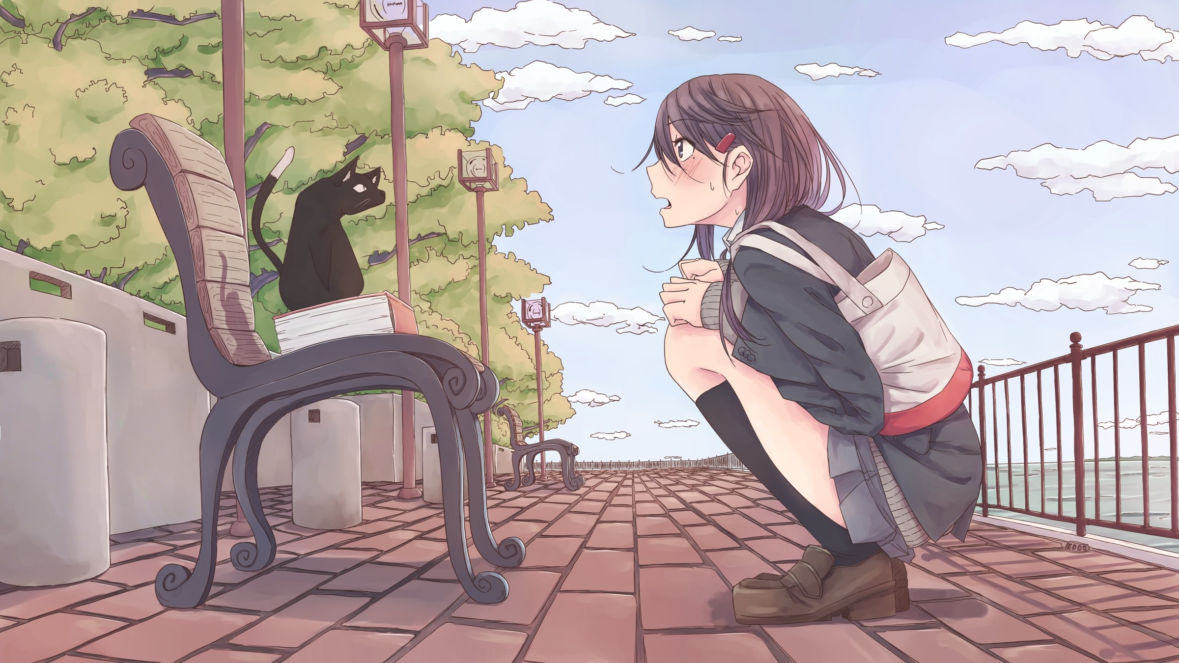 Anime Girls, Cat, Bench wallpaper | anime | Wallpaper Better