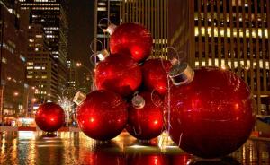 christmas toys, balls, big, scenery, city, holiday wallpaper thumb