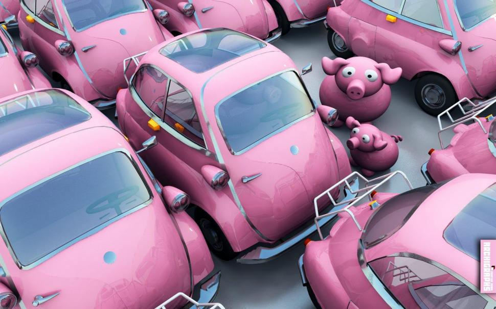 3D pink cars and pigs wallpaper,pink wallpaper,cars wallpaper,pigs wallpaper,3d & abstract wallpaper,1600x1000 wallpaper