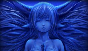 bouno satoshi, girl, blue, face, horns, ears wallpaper thumb