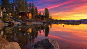 California, USA, Tahoe Lake, sunset, rocks, trees, houses wallpaper thumb