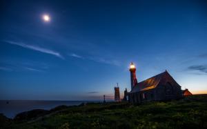 Lighthouse Ocean Night Moonlight Grass HD wallpaper thumb