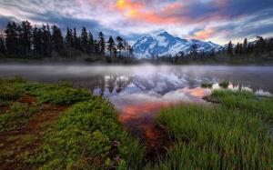 Nature, Mist, Mountain, Lake, Forest, Sunrise, Washington State, Reflection, Snowy Peak wallpaper thumb