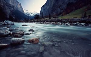 Switzerland, Lauterbrunnen, beautiful landscape, river, rocks, mountains, houses wallpaper thumb