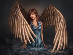 Fantasy angel, girl, wings, blue dress, water wallpaper thumb