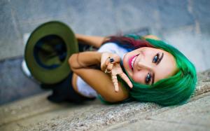 Green hair, blue eyes, smile girl wallpaper thumb