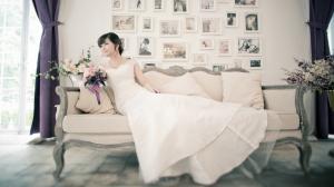 White dress asian girl, bride, sofa wallpaper thumb