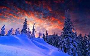 Winter, thick snow, red sky, clouds, trees, dusk wallpaper thumb