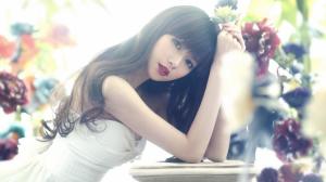 Asian girl, long hair, eyes, red lips, flower wallpaper thumb