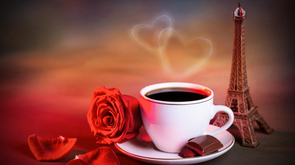 Coffee, rose, flowers, red, petals, Eiffel Tower wallpaper,coffee HD wallpaper,rose HD wallpaper,flowers HD wallpaper,red HD wallpaper,petals HD wallpaper,eiffel tower HD wallpaper,1920x1080 wallpaper