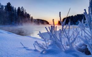 Nature winter, sunset, trees, snow, ice, river, sky wallpaper thumb