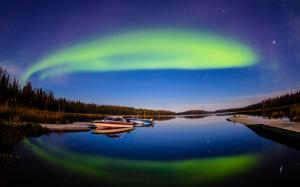 Aurora Borealis Lake Dock Boat Stars Reflection HD wallpaper thumb