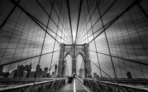 Brooklyn Bridge Bridge Cables New York Buildings Skyscrapers BW HD wallpaper thumb