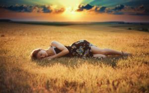 Girl sleep, grass, dusk, sunlight wallpaper thumb