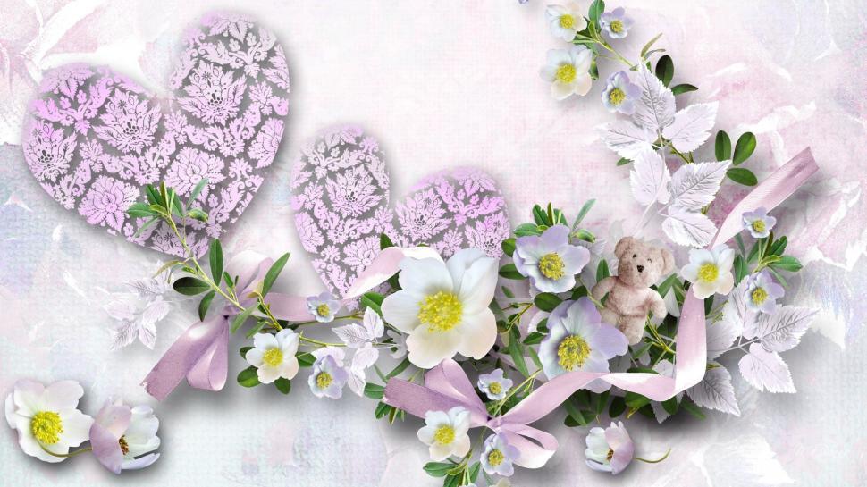 Heart-shaped flowers and teddy bear wallpaper,Heart HD wallpaper,Flowers HD wallpaper,Teddy HD wallpaper,Bear HD wallpaper,1920x1080 wallpaper