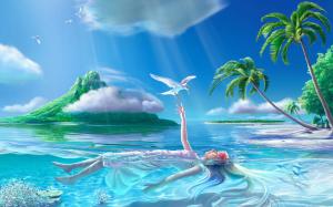 Tropical Ocean Palm Trees Birds Blonde Floating Relax Island HD wallpaper thumb
