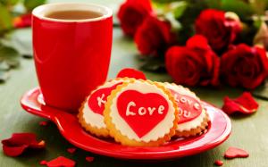 Love heart, cookies, flowers, roses, cup, tea wallpaper thumb