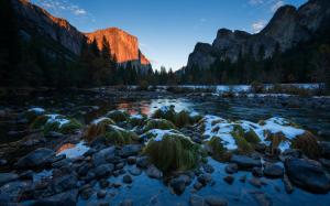 Yosemite Snow Winter Landscape Stream Rocks Stones HD wallpaper thumb