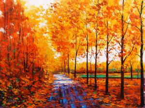 Art watercolor, autumn red maple forest with forest path wallpaper thumb