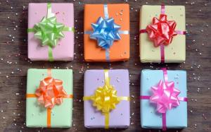 Gift boxes, wooden, colorful bows wallpaper thumb