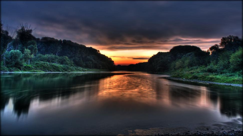 HDR River Sunset Trees HD wallpaper,nature HD wallpaper,trees HD wallpaper,sunset HD wallpaper,river HD wallpaper,hdr HD wallpaper,1920x1080 wallpaper