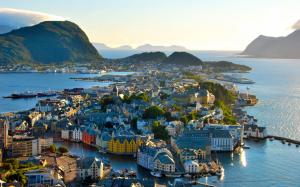 Norway, city, architecture, houses, mountains, trees, sea wallpaper thumb