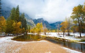 Early winter nature landscape, trees, snow, river, mountains wallpaper thumb