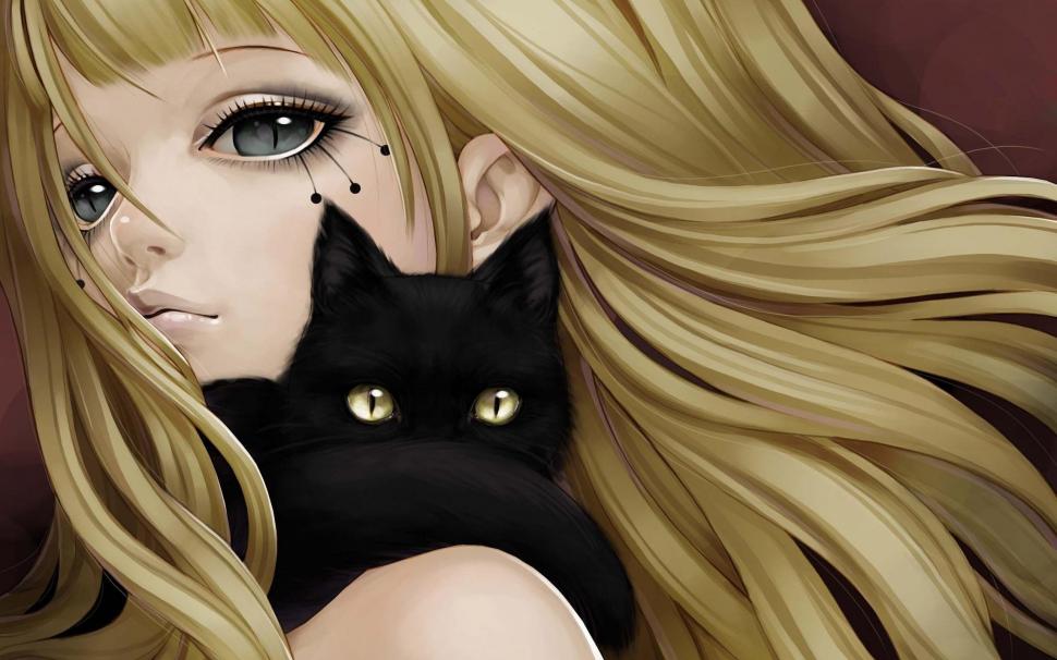 Blonde girl and its black cat wallpaper,anime HD wallpaper,2560x1600 HD wallpaper,woman HD wallpaper,blonde HD wallpaper,2560x1600 wallpaper