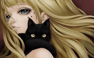 Blonde girl and its black cat wallpaper thumb