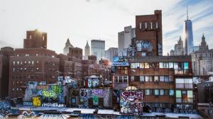 New York, USA, city, skyscrapers, graffiti, houses, buildings, dusk wallpaper thumb