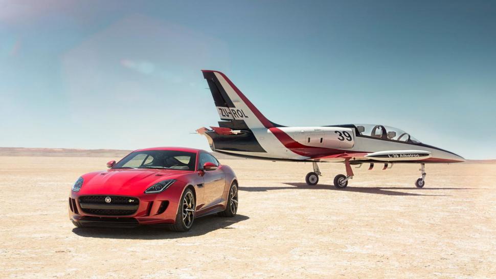 Jaguar F Type R AWD Coupe With Plane 2016 wallpaper,cars wallpaper,jaguar wallpaper,plane wallpaper,2015 wallpaper,1600x900 wallpaper